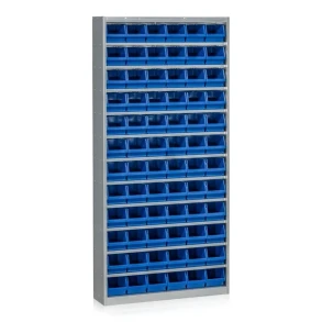 Reolskab med med 72 stk. plastbokse bl�